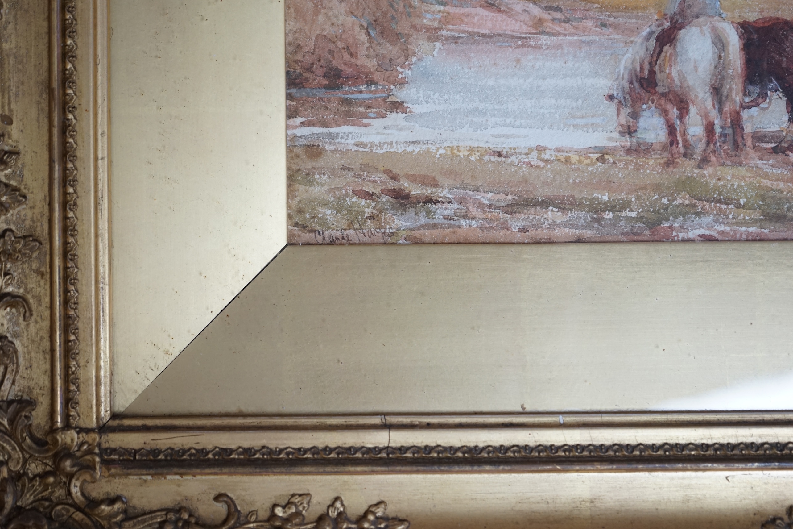 Claude Hayes (1852-1922), watercolour, ‘The Ford’, signed, 26 x 52cm, ornate gilt framed. Condition - fair